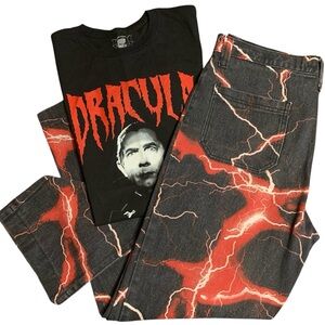 Jaded London Black and Red Lightning Print Unisex Skater Jeans High Rise- 32X29